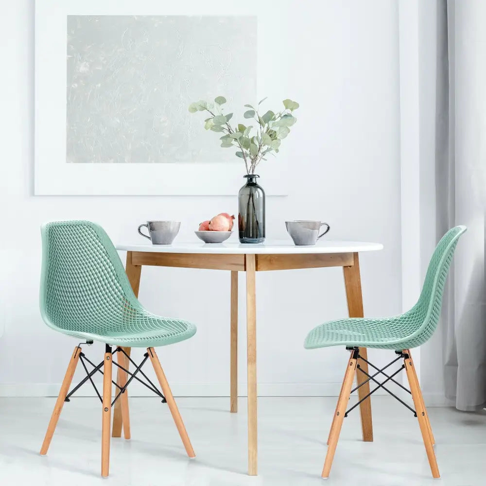 2 Pcs Modern Plastic Hollow Chair Set with Wood Leg-Green - Green - Dining Chairs
