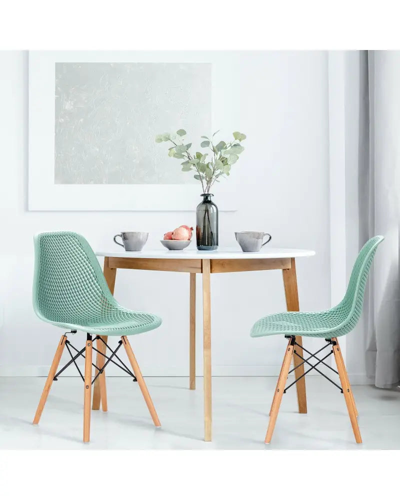 2 Pcs Modern Plastic Hollow Chair Set with Wood Leg-Green - Green - Dining Chairs