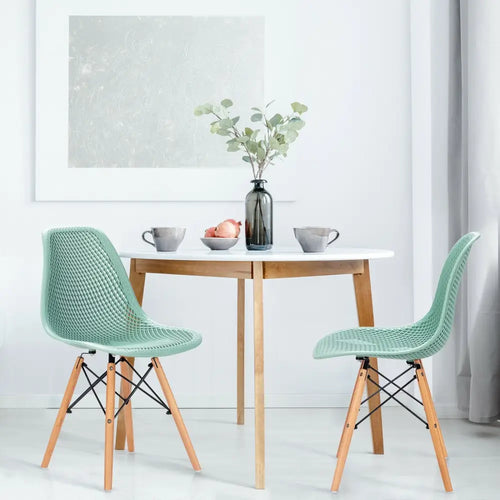 2 Pcs Modern Plastic Hollow Chair Set with Wood Leg-Green - Green - Dining Chairs