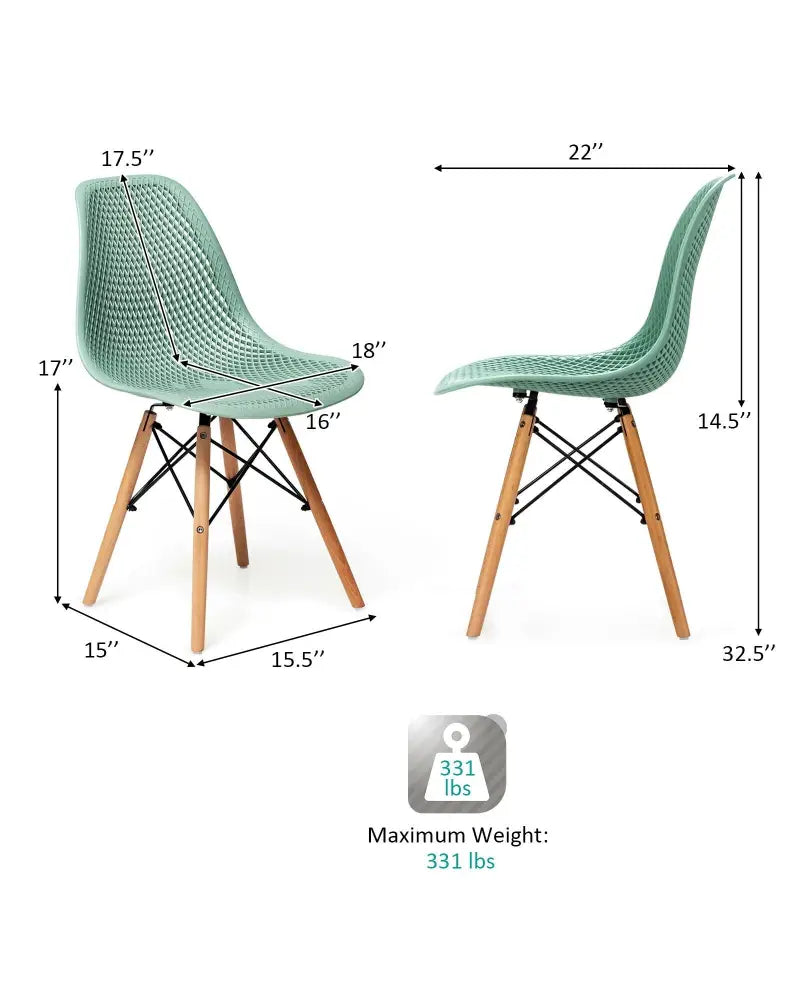 2 Pcs Modern Plastic Hollow Chair Set with Wood Leg-Green - Green - Dining Chairs