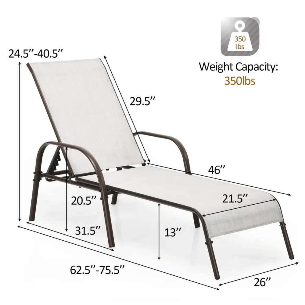 2 Pcs Outdoor Patio Lounge Chair Chaise Fabric with Adjustable Reclining Armrest-Gray - Gray - Outdoor Chaise Lounges