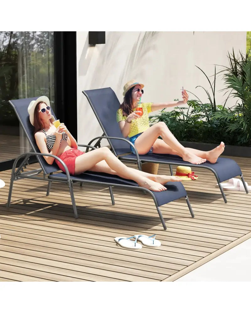 2 Pcs Outdoor Patio Lounge Chair Chaise Fabric with Adjustable Reclining Armrest-Navy - Navy - Outdoor Chaise Lounges