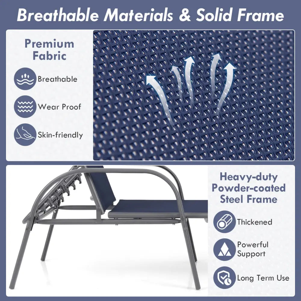 2 Pcs Outdoor Patio Lounge Chair Chaise Fabric with Adjustable Reclining Armrest-Navy - Navy - Outdoor Chaise Lounges