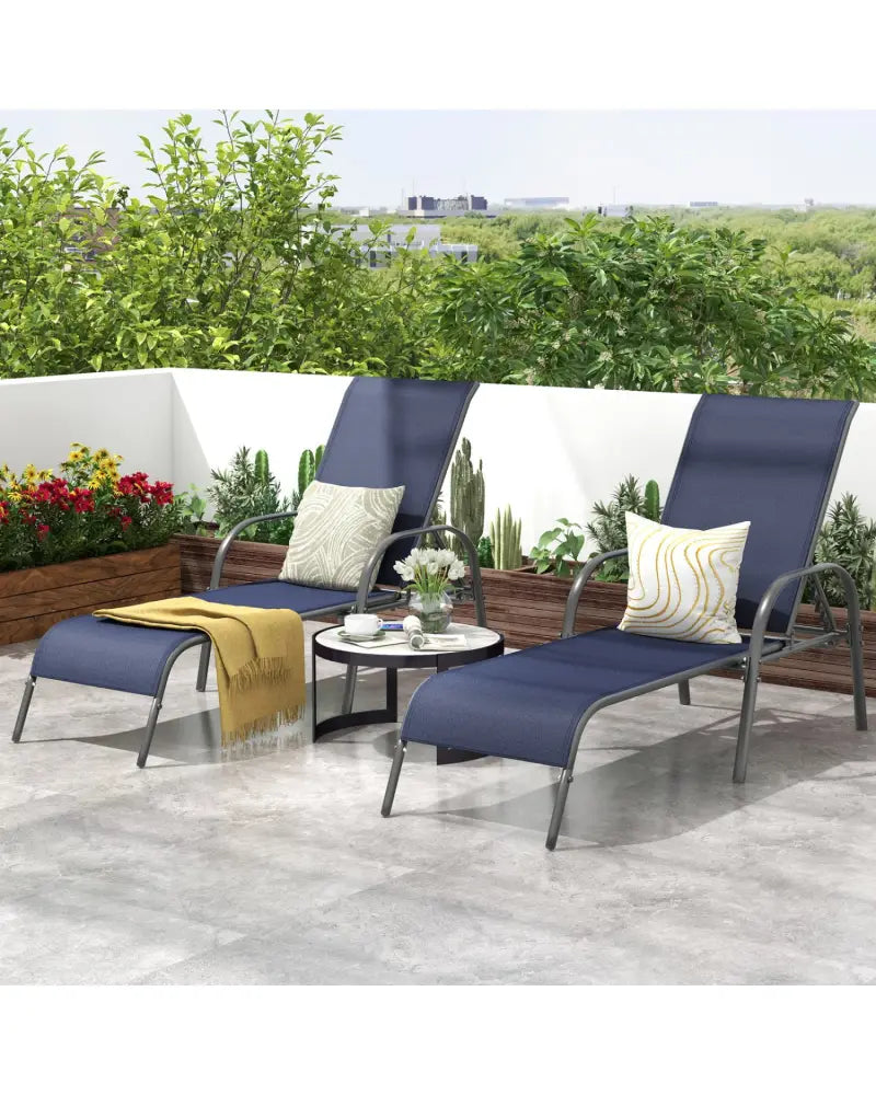 2 Pcs Outdoor Patio Lounge Chair Chaise Fabric with Adjustable Reclining Armrest-Navy - Navy - Outdoor Chaise Lounges