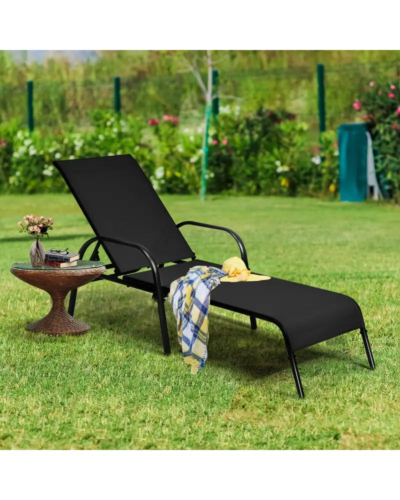 2 Pcs Outdoor Patio Lounge Chair Chaise Fabric with Adjustable Reclining Armrest - Black - Outdoor Chaise Lounges
