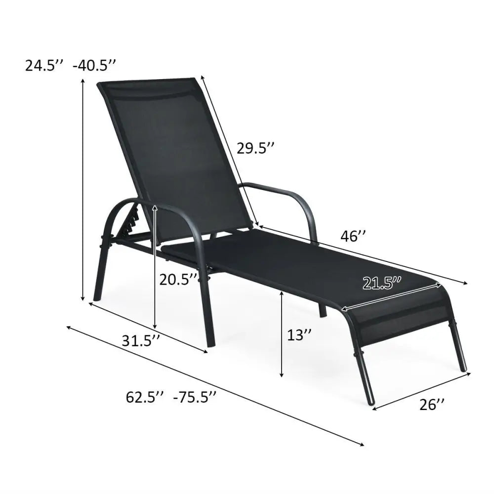 2 Pcs Outdoor Patio Lounge Chair Chaise Fabric with Adjustable Reclining Armrest - Black - Outdoor Chaise Lounges