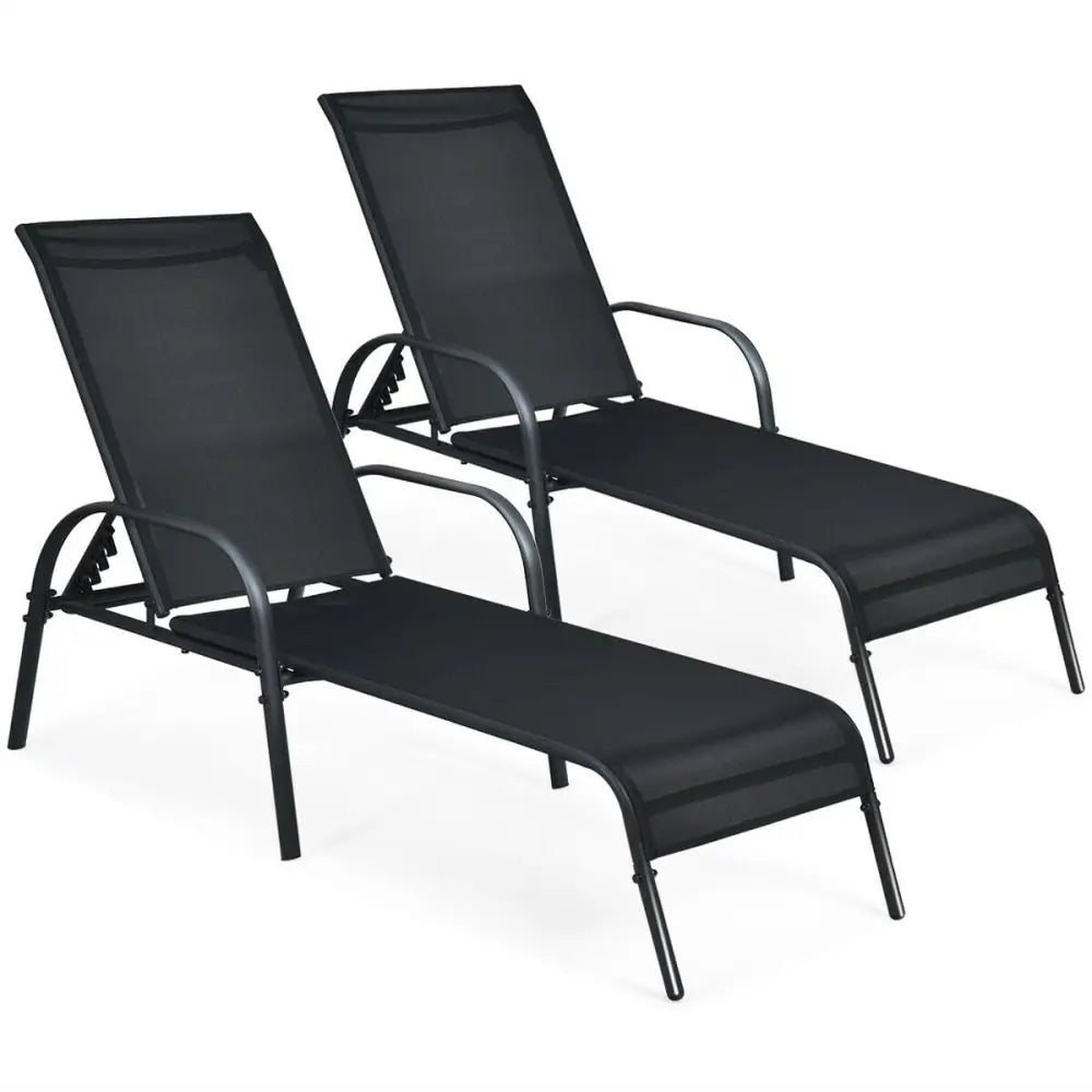 2 Pcs Outdoor Patio Lounge Chair Chaise Fabric with Adjustable Reclining Armrest - Black - Outdoor Chaise Lounges