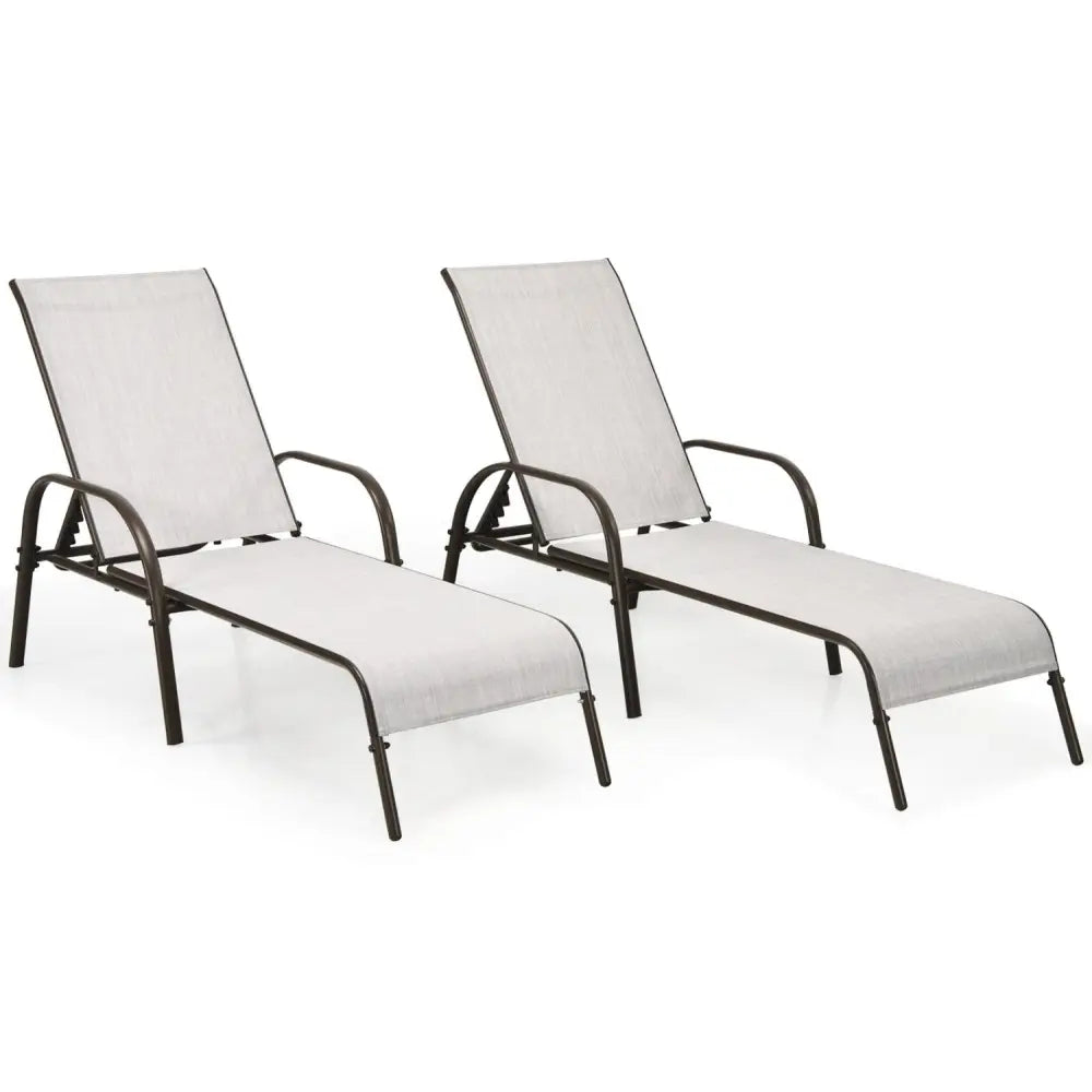 2 Pcs Outdoor Patio Lounge Chair Chaise Fabric with Adjustable Reclining Armrest-Gray - Gray - Outdoor Chaise Lounges