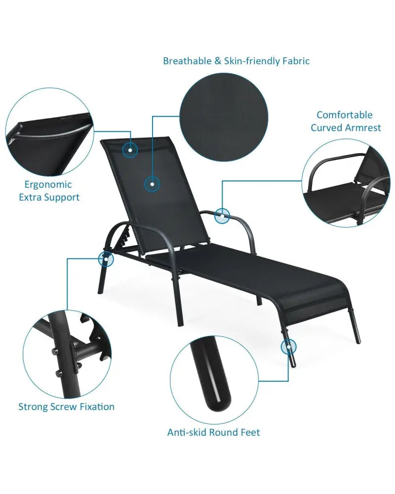 2 Pcs Outdoor Patio Lounge Chair Chaise Fabric with Adjustable Reclining Armrest - Black - Outdoor Chaise Lounges