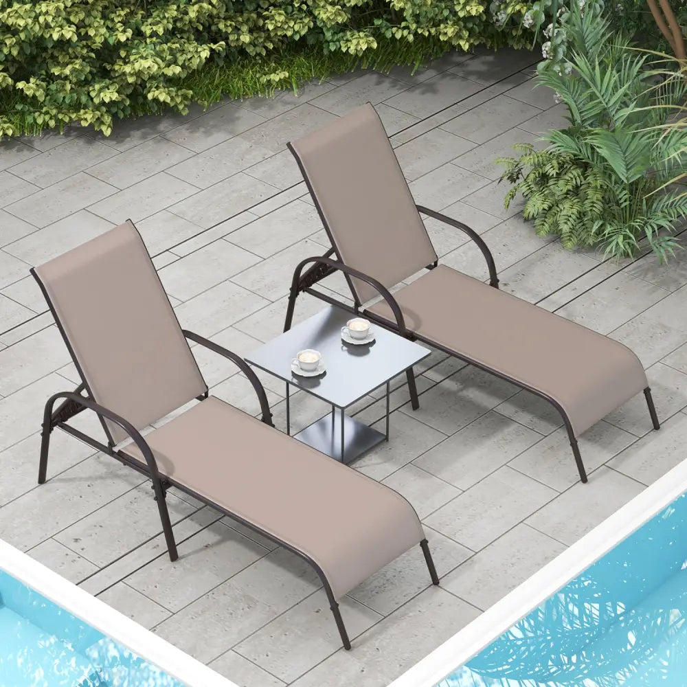 2 Pcs Outdoor Patio Lounge Chair Chaise Fabric with Adjustable Reclining Armrest-Brown - Brown - Outdoor Chaise Lounges