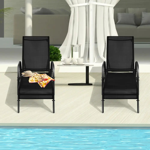 2 Pcs Outdoor Patio Lounge Chair Chaise Fabric with Adjustable Reclining Armrest - Black - Outdoor Chaise Lounges