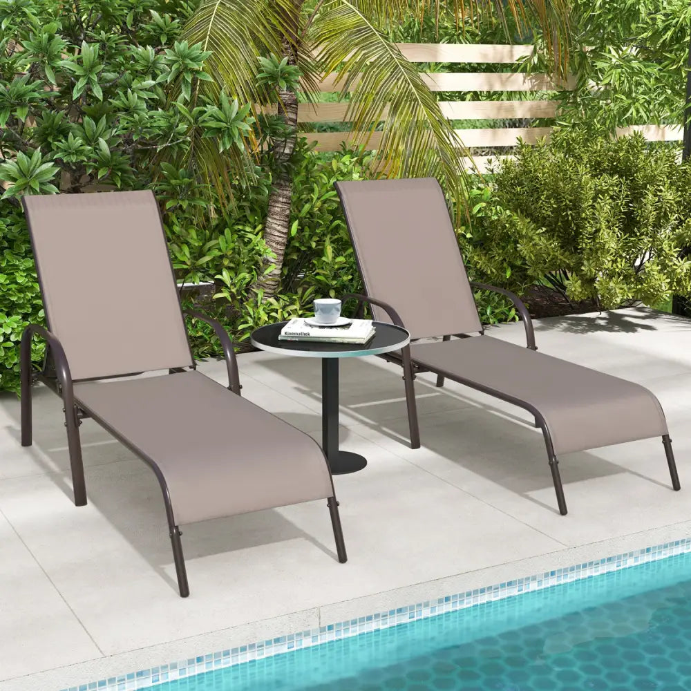 2 Pcs Outdoor Patio Lounge Chair Chaise Fabric with Adjustable Reclining Armrest-Brown - Brown - Outdoor Chaise Lounges