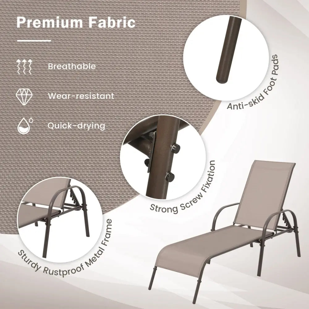 2 Pcs Outdoor Patio Lounge Chair Chaise Fabric with Adjustable Reclining Armrest-Brown - Brown - Outdoor Chaise Lounges