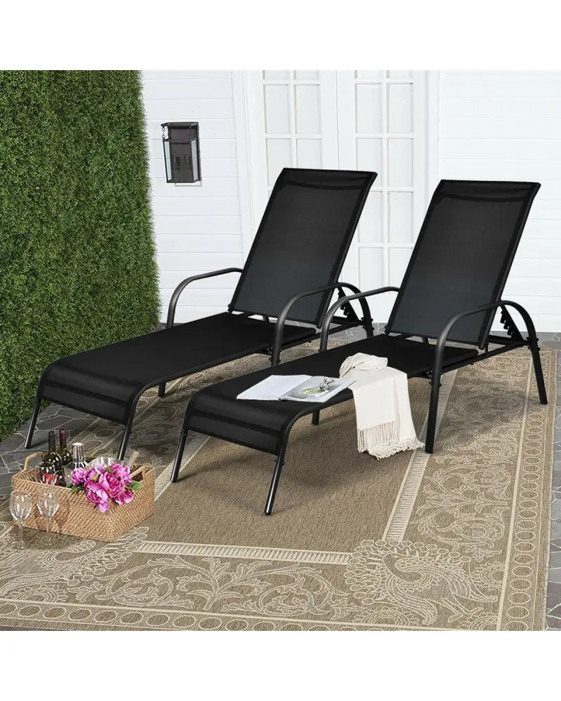 2 Pcs Outdoor Patio Lounge Chair Chaise Fabric with Adjustable Reclining Armrest - Black - Outdoor Chaise Lounges