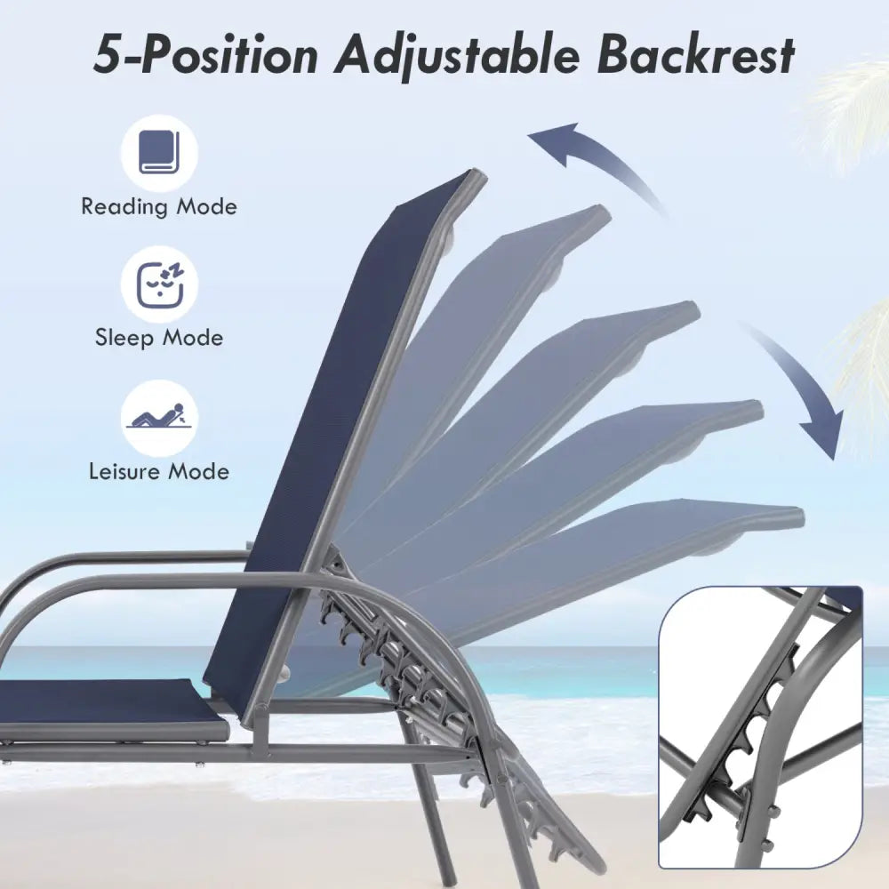 2 Pcs Outdoor Patio Lounge Chair Chaise Fabric with Adjustable Reclining Armrest-Navy - Navy - Outdoor Chaise Lounges