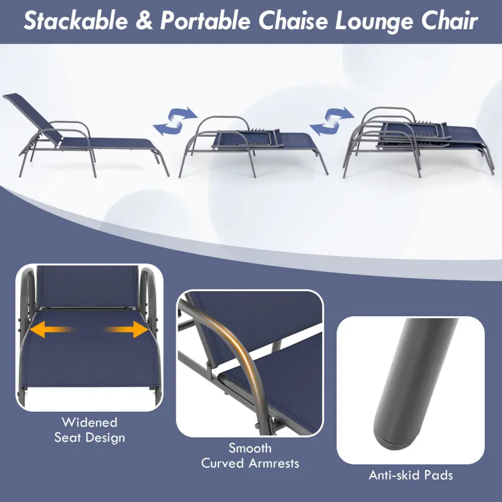 2 Pcs Outdoor Patio Lounge Chair Chaise Fabric with Adjustable Reclining Armrest-Navy - Navy - Outdoor Chaise Lounges