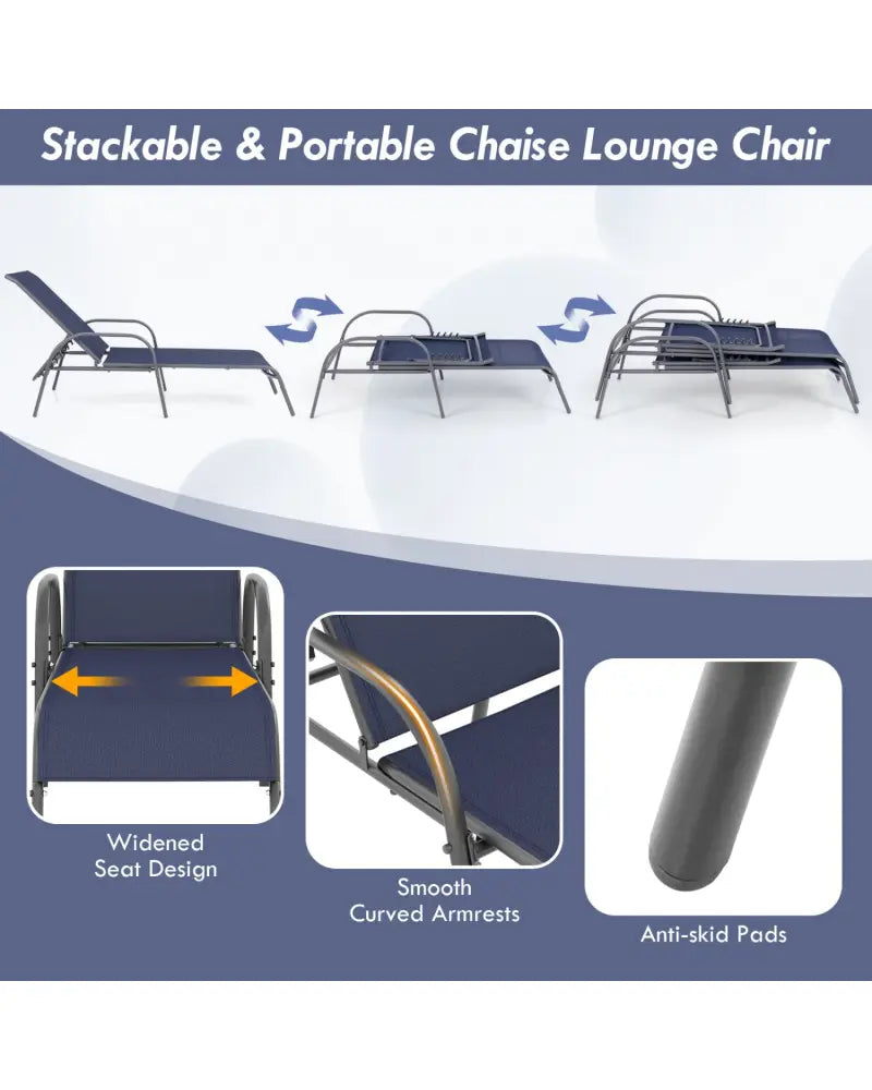 2 Pcs Outdoor Patio Lounge Chair Chaise Fabric with Adjustable Reclining Armrest-Navy - Navy - Outdoor Chaise Lounges