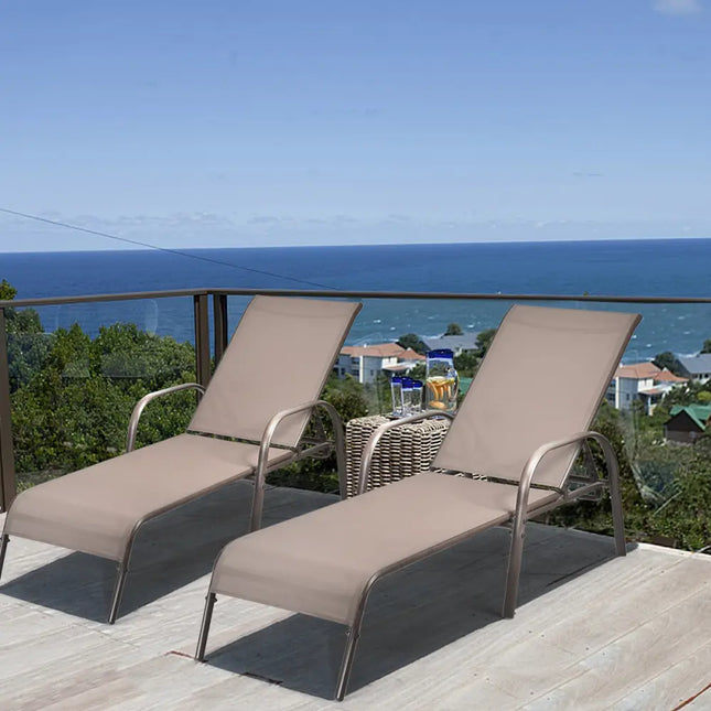2 Pcs Outdoor Patio Lounge Chair Chaise Fabric with Adjustable Reclining Armrest-Brown - Brown - Outdoor Chaise Lounges