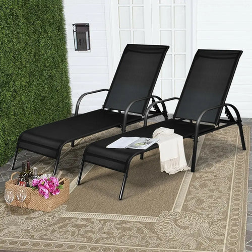 2 Pcs Outdoor Patio Lounge Chair Chaise Fabric with Adjustable Reclining Armrest - Black - Outdoor Chaise Lounges