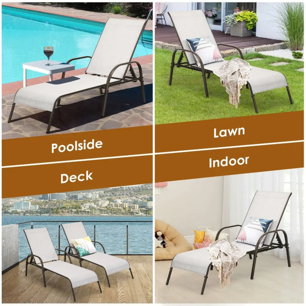 2 Pcs Outdoor Patio Lounge Chair Chaise Fabric with Adjustable Reclining Armrest-Gray - Gray - Outdoor Chaise Lounges