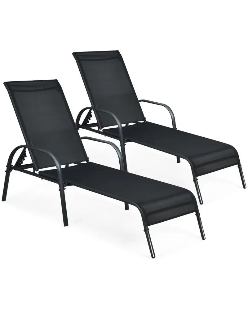 2 Pcs Outdoor Patio Lounge Chair Chaise Fabric with Adjustable Reclining Armrest - Black - Outdoor Chaise Lounges