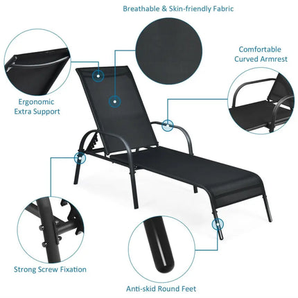 2 Pcs Outdoor Patio Lounge Chair Chaise Fabric with Adjustable Reclining Armrest - Black - Outdoor Chaise Lounges