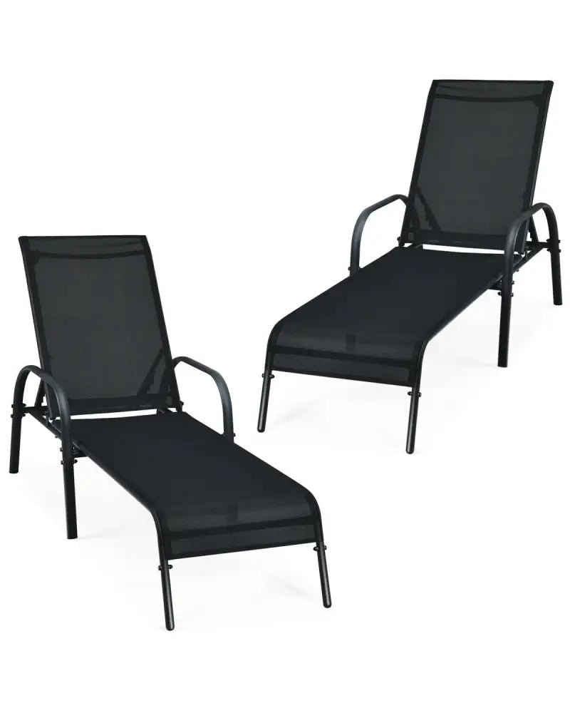 2 Pcs Outdoor Patio Lounge Chair Chaise Fabric with Adjustable Reclining Armrest - Black - Outdoor Chaise Lounges