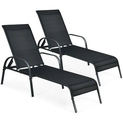 2 Pcs Outdoor Patio Lounge Chair Chaise Fabric with Adjustable Reclining Armrest - Black - Outdoor Chaise Lounges