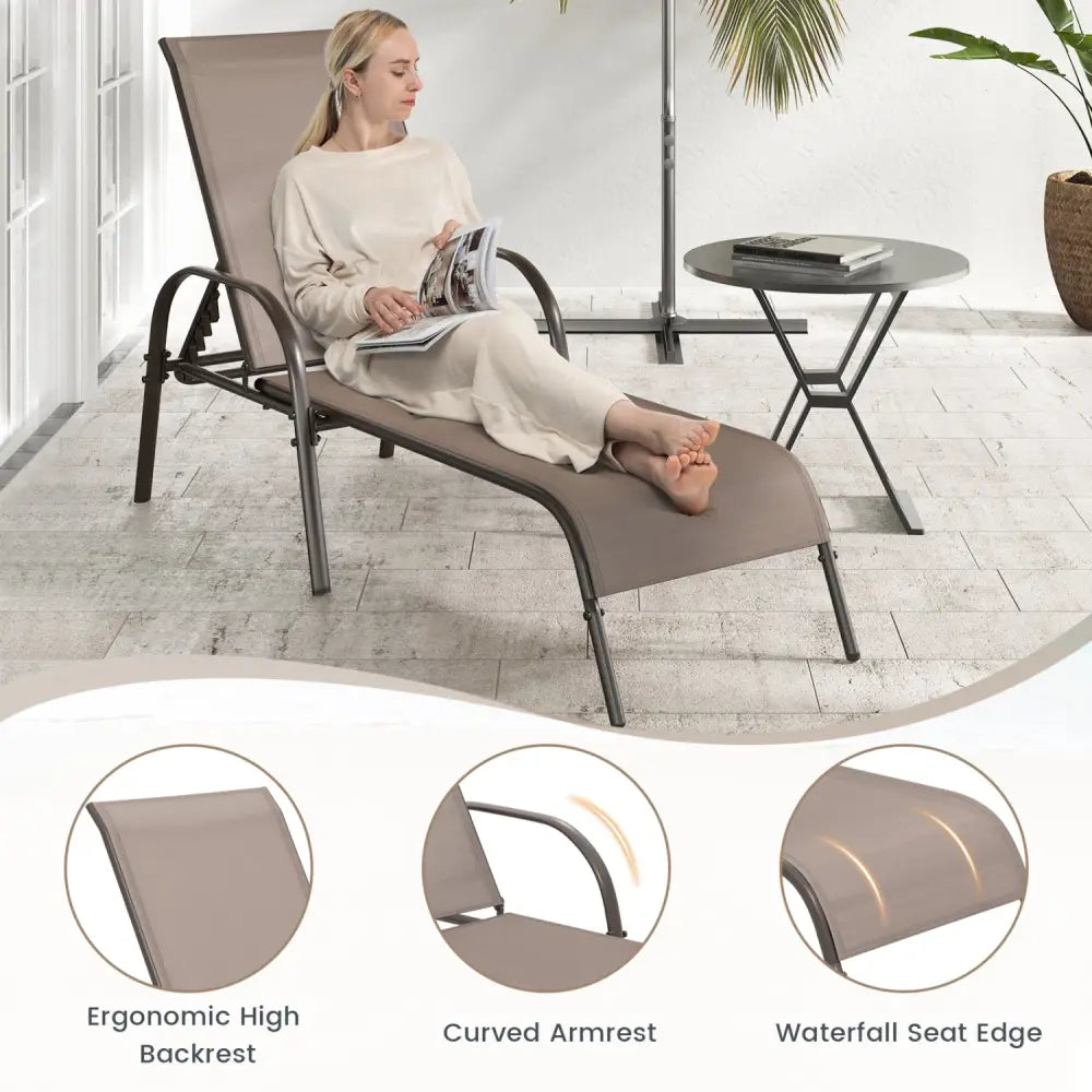 2 Pcs Outdoor Patio Lounge Chair Chaise Fabric with Adjustable Reclining Armrest-Brown - Brown - Outdoor Chaise Lounges
