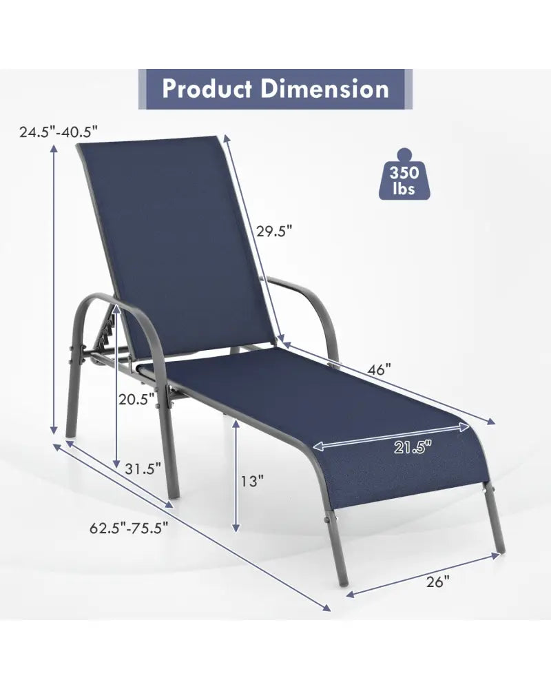 2 Pcs Outdoor Patio Lounge Chair Chaise Fabric with Adjustable Reclining Armrest-Navy - Navy - Outdoor Chaise Lounges