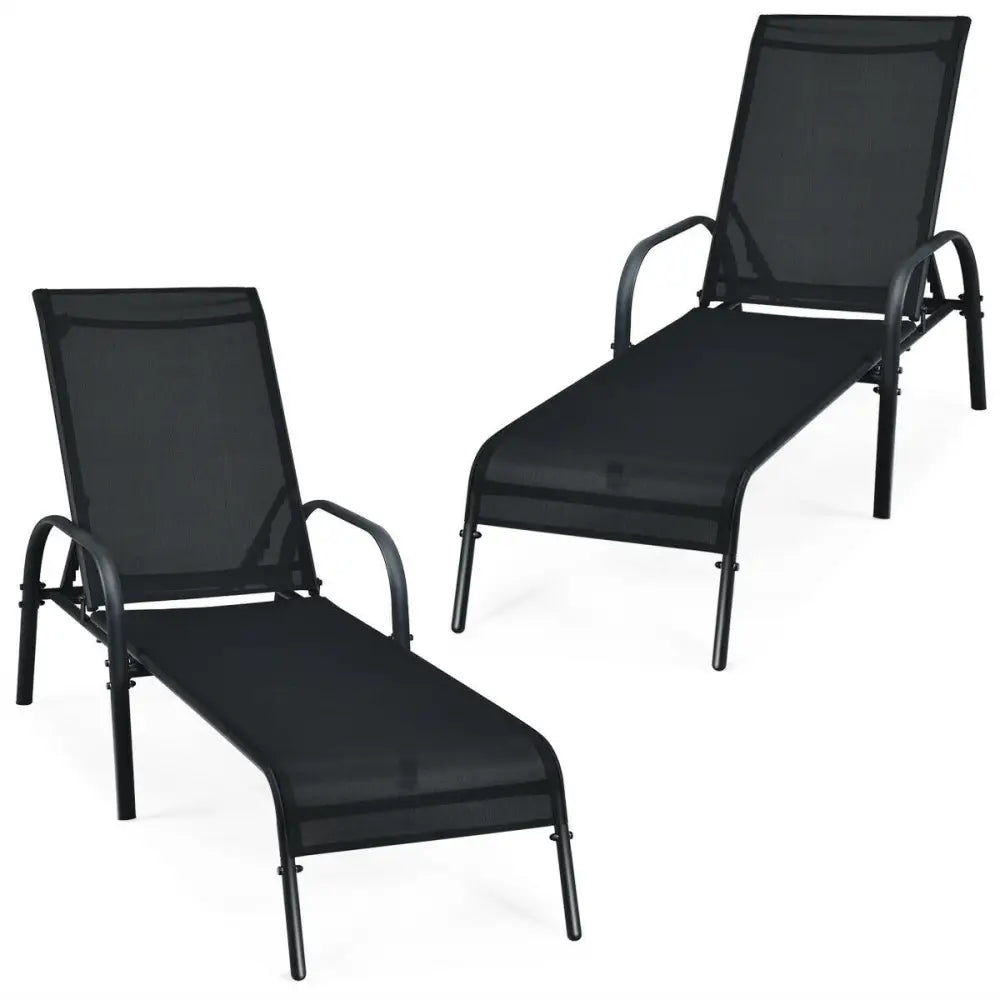 2 Pcs Outdoor Patio Lounge Chair Chaise Fabric with Adjustable Reclining Armrest - Black - Outdoor Chaise Lounges