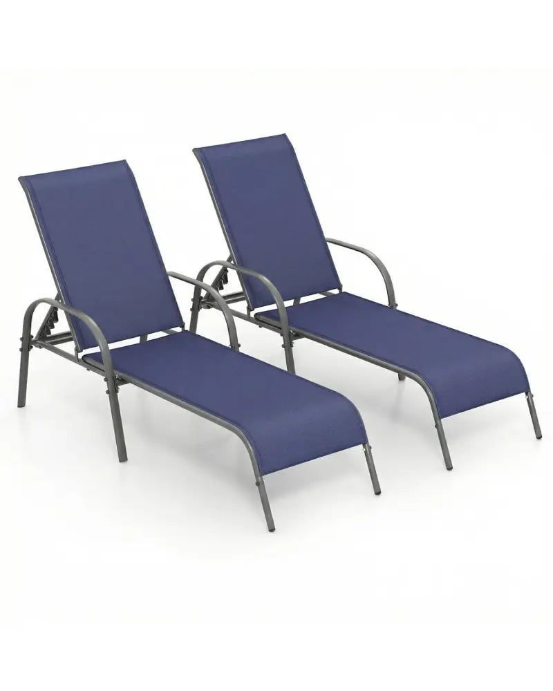 2 Pcs Outdoor Patio Lounge Chair Chaise Fabric with Adjustable Reclining Armrest-Navy - Navy - Outdoor Chaise Lounges