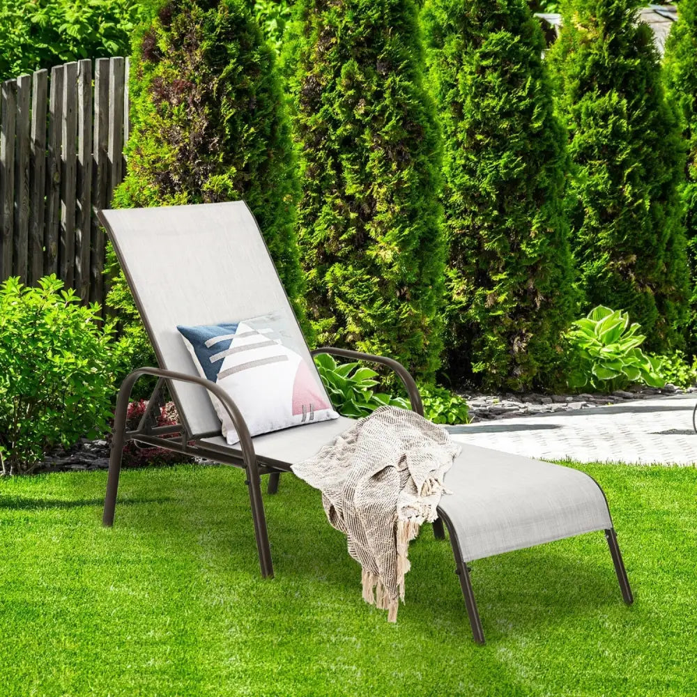 2 Pcs Outdoor Patio Lounge Chair Chaise Fabric with Adjustable Reclining Armrest-Gray - Gray - Outdoor Chaise Lounges