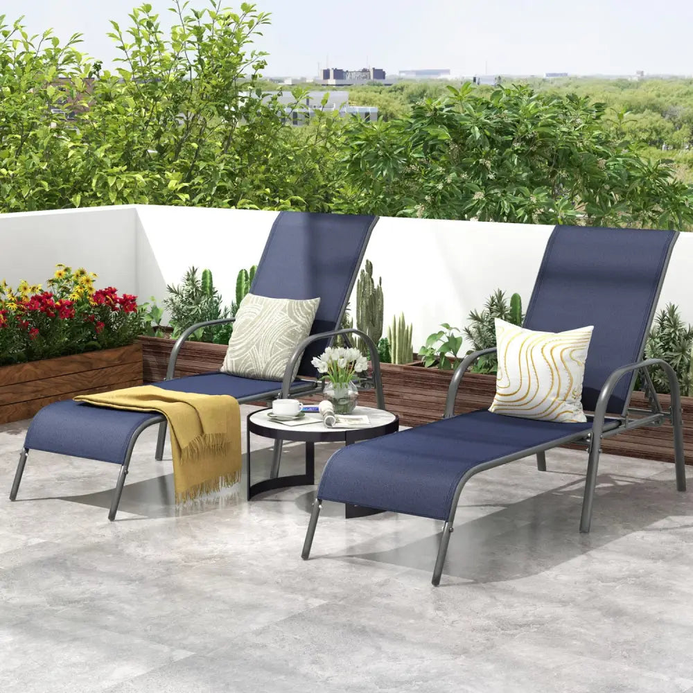 2 Pcs Outdoor Patio Lounge Chair Chaise Fabric with Adjustable Reclining Armrest-Navy - Navy - Outdoor Chaise Lounges