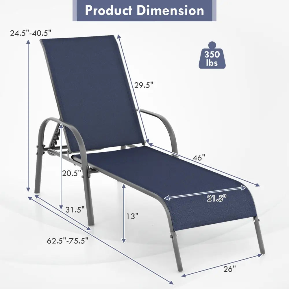 2 Pcs Outdoor Patio Lounge Chair Chaise Fabric with Adjustable Reclining Armrest-Navy - Navy - Outdoor Chaise Lounges