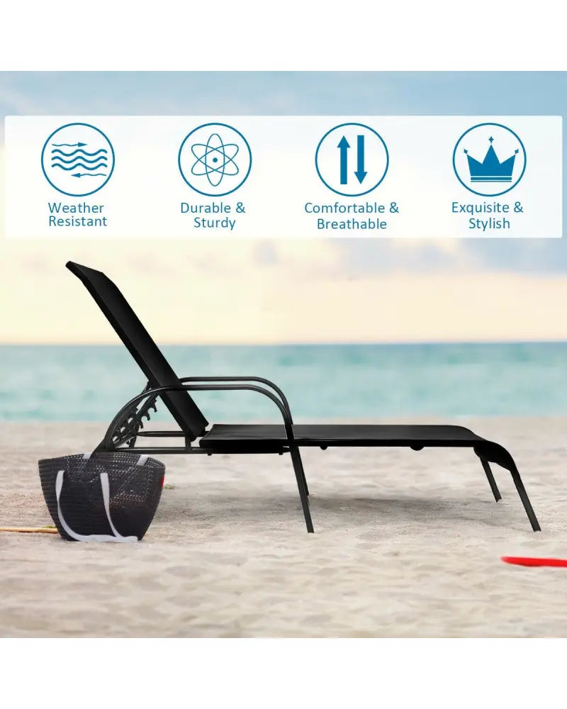 2 Pcs Outdoor Patio Lounge Chair Chaise Fabric with Adjustable Reclining Armrest - Black - Outdoor Chaise Lounges