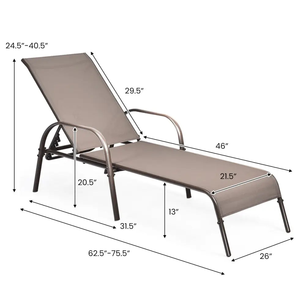 2 Pcs Outdoor Patio Lounge Chair Chaise Fabric with Adjustable Reclining Armrest-Brown - Brown - Outdoor Chaise Lounges