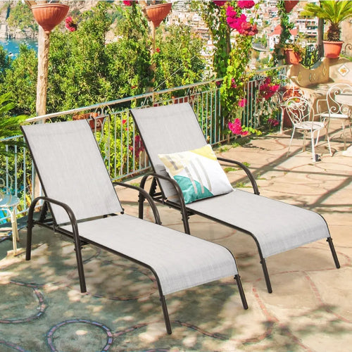 2 Pcs Outdoor Patio Lounge Chair Chaise Fabric with Adjustable Reclining Armrest-Gray - Gray - Outdoor Chaise Lounges