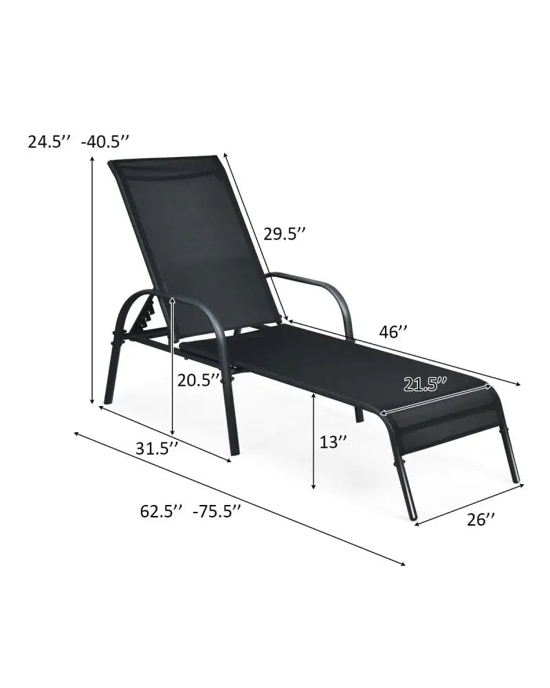 2 Pcs Outdoor Patio Lounge Chair Chaise Fabric with Adjustable Reclining Armrest - Black - Outdoor Chaise Lounges