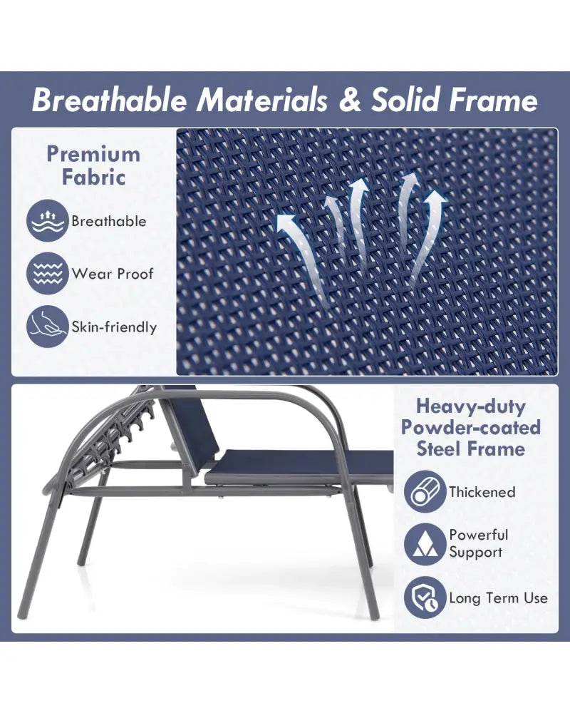 2 Pcs Outdoor Patio Lounge Chair Chaise Fabric with Adjustable Reclining Armrest-Navy - Navy - Outdoor Chaise Lounges
