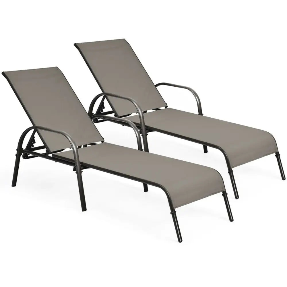 2 Pcs Outdoor Patio Lounge Chair Chaise Fabric with Adjustable Reclining Armrest-Brown - Brown - Outdoor Chaise Lounges