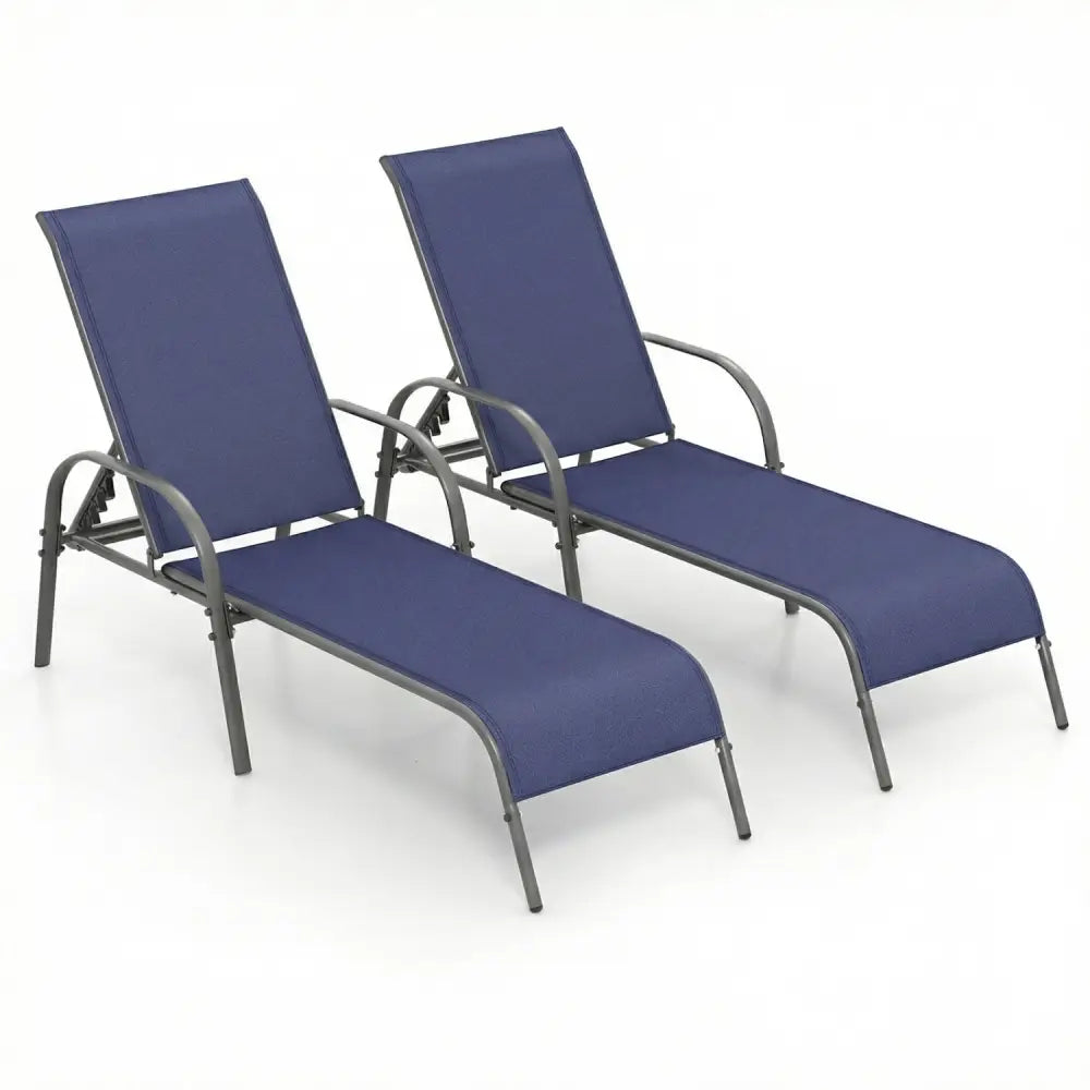 2 Pcs Outdoor Patio Lounge Chair Chaise Fabric with Adjustable Reclining Armrest-Navy - Navy - Outdoor Chaise Lounges