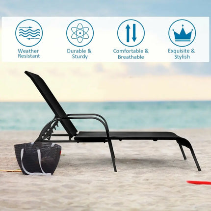 2 Pcs Outdoor Patio Lounge Chair Chaise Fabric with Adjustable Reclining Armrest - Black - Outdoor Chaise Lounges