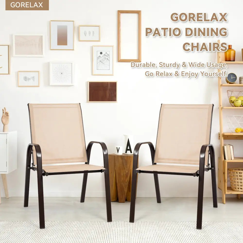 2 Pcs Patio Chairs Outdoor Dining Chair with Armrest-Beige - Beige - Patio Dining Chairs