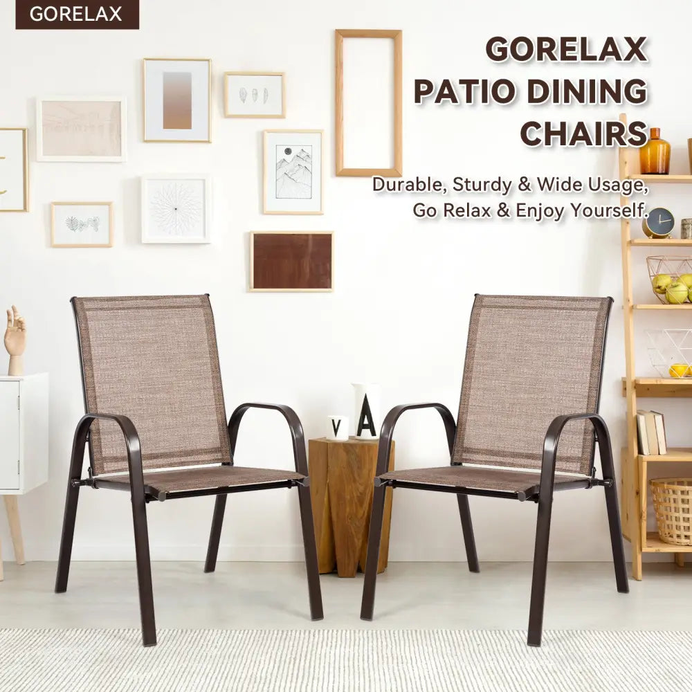 2 Pcs Patio Chairs Outdoor Dining Chair with Armrest-Brown - Brown - Patio Dining Chairs