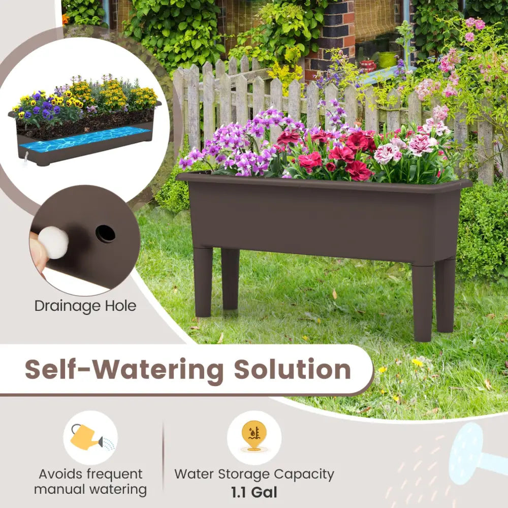 2 PCS Raised Garden Beds Self-Watering Planter Box with Detachable Legs and Drainage Hole-Coffee - Coffee - Raised