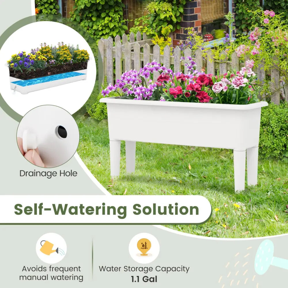 2 PCS Raised Garden Beds Self-Watering Planter Box with Detachable Legs and Drainage Hole-White - White - Raised Garden