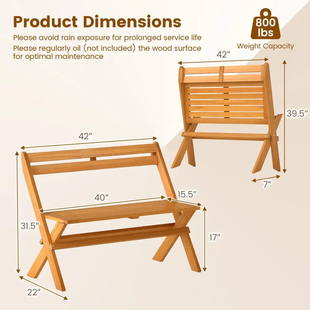 2-Person Acacia Wood Patio Garden Bench with 800 lbs Capacity - Outdoor Benches