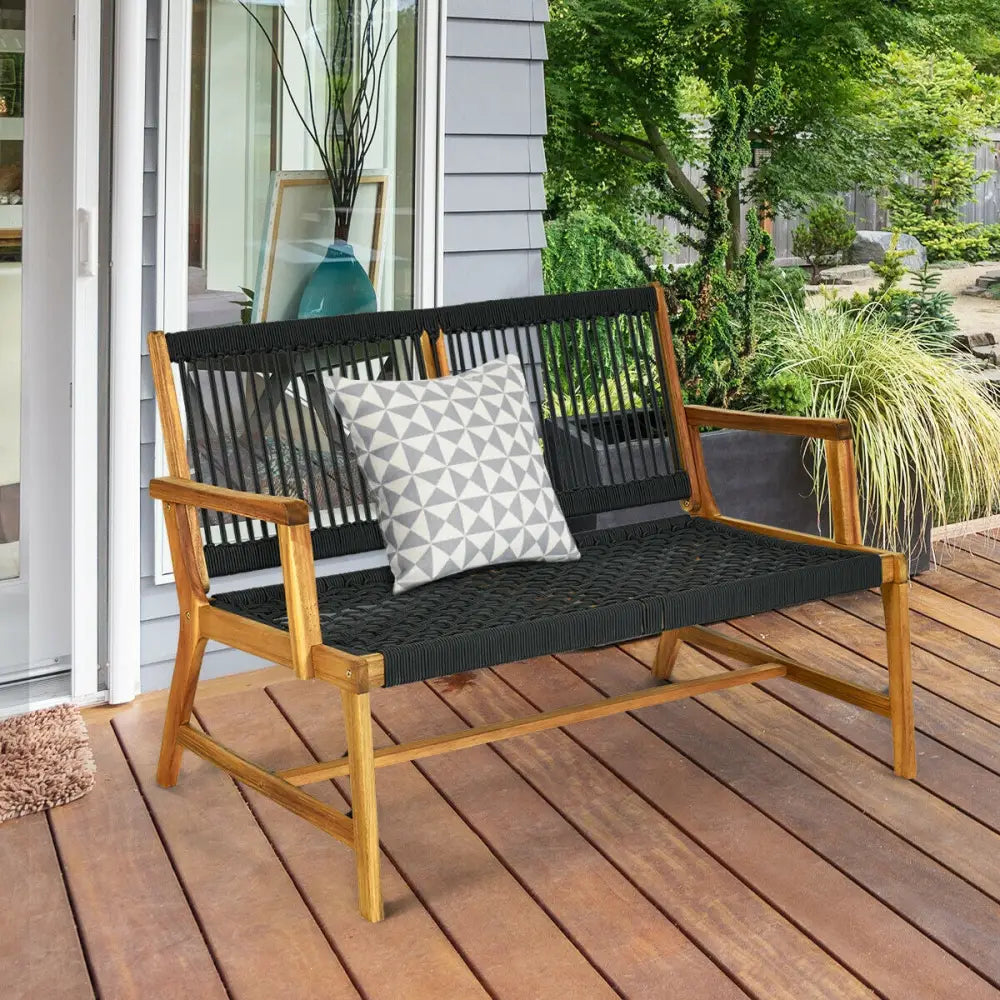 2-Person Acacia Wood Yard Bench for Balcony and Patio-Black - Black - Outdoor Benches