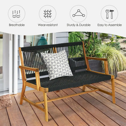 2-Person Acacia Wood Yard Bench for Balcony and Patio-Black - Black - Outdoor Benches